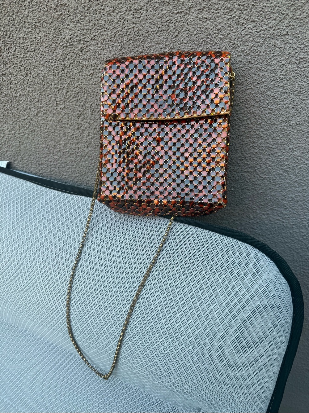 Vintage Whiting & Davis Tortoise Mesh Enamel Crossbody Bag Gold Chain